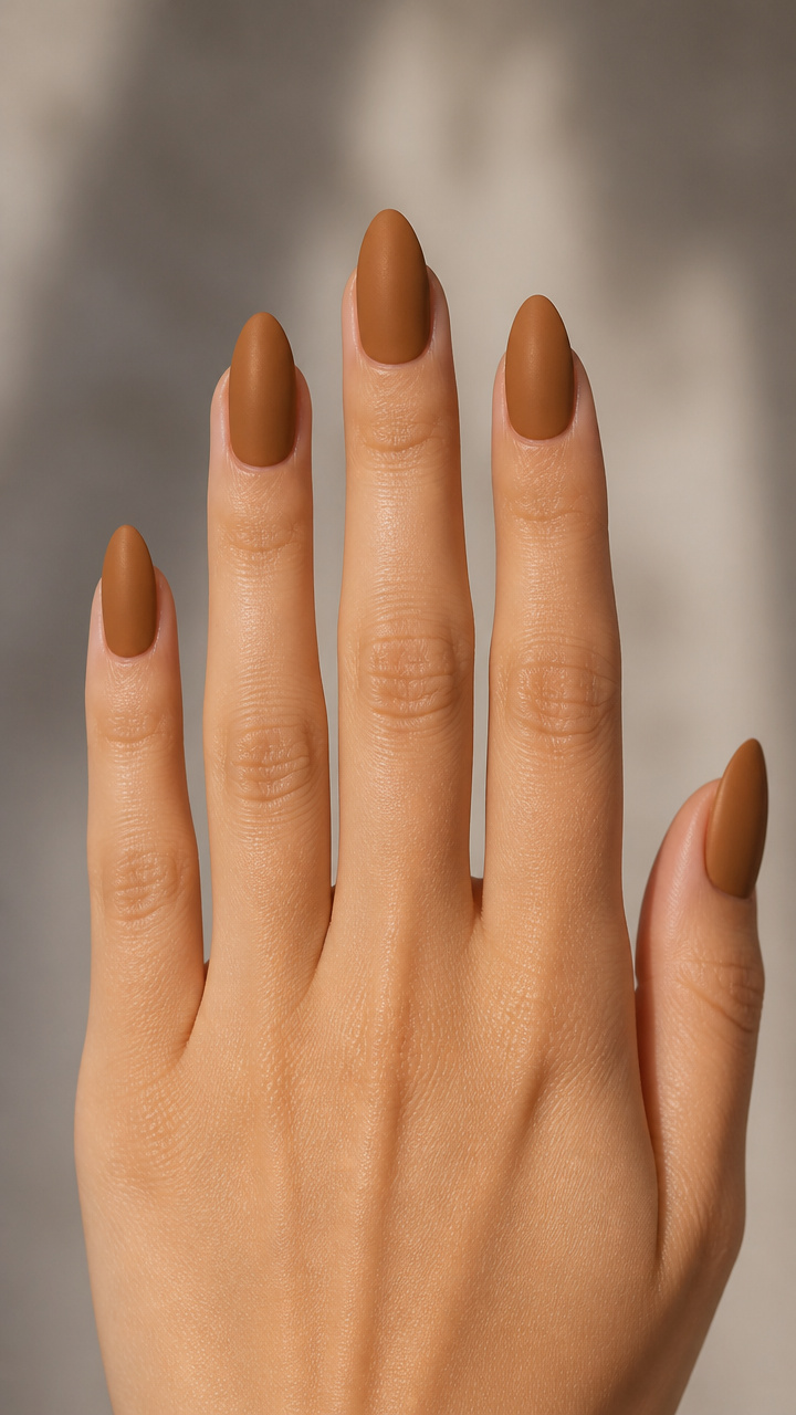 Warm Caramel Almond Nails with Matte Topcoat