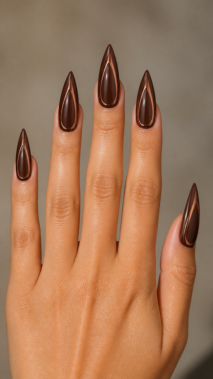 Chocolate Brown Stiletto Nails with Inner Glow Liner