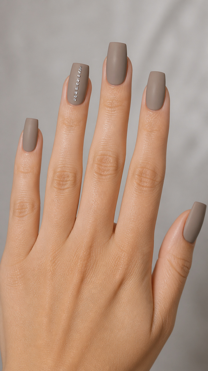 Taupe Square Nails with Micro Rhinestone Accent