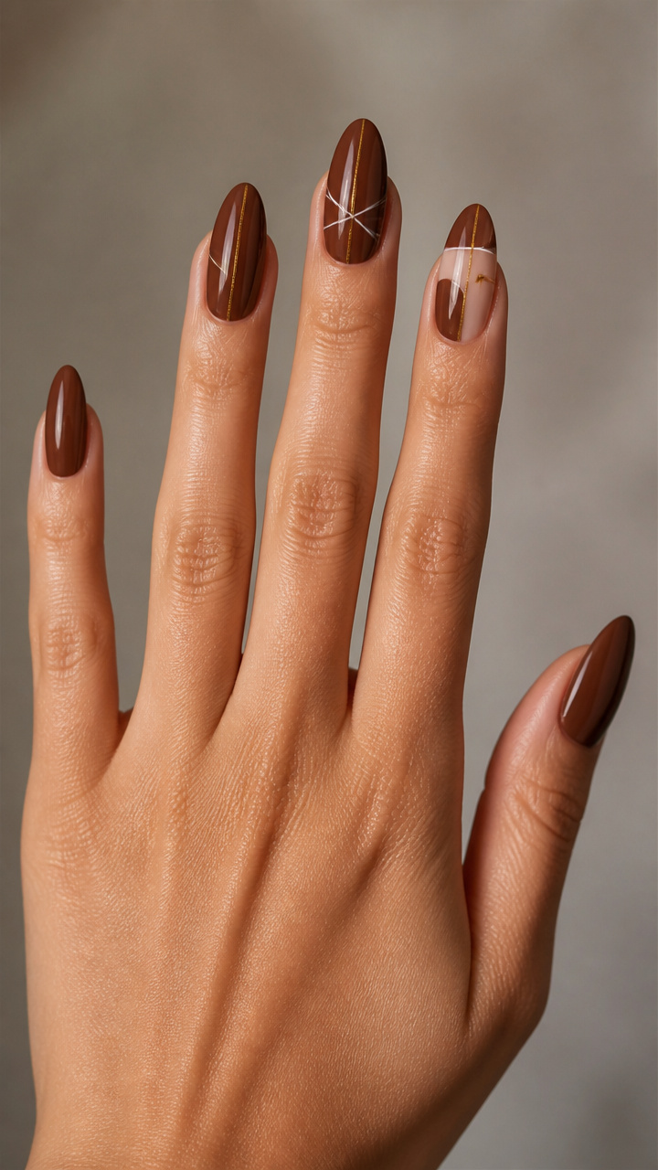 Walnut Brown Nails with Minimalist Line Art