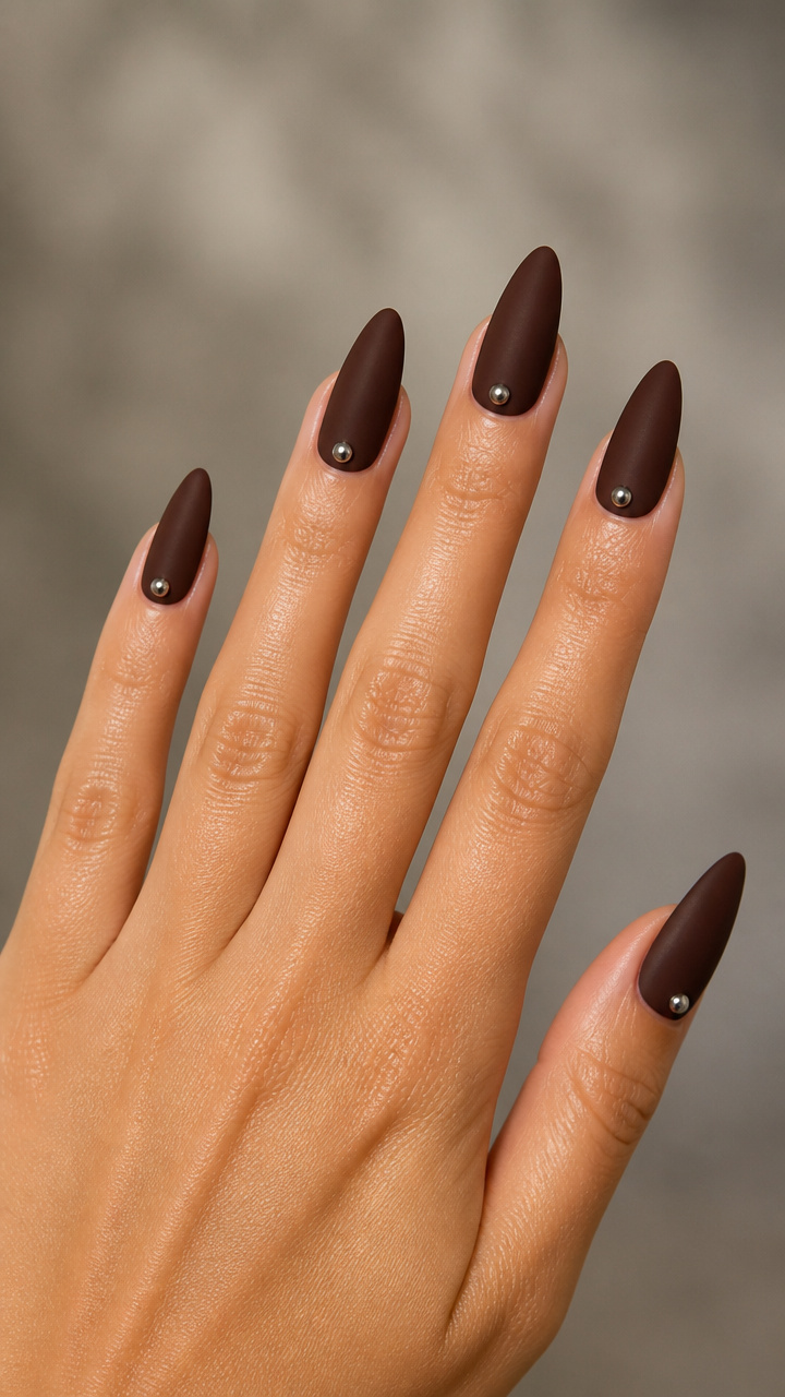 Dark Fudge Nails with Matte Finish and Silver Studs