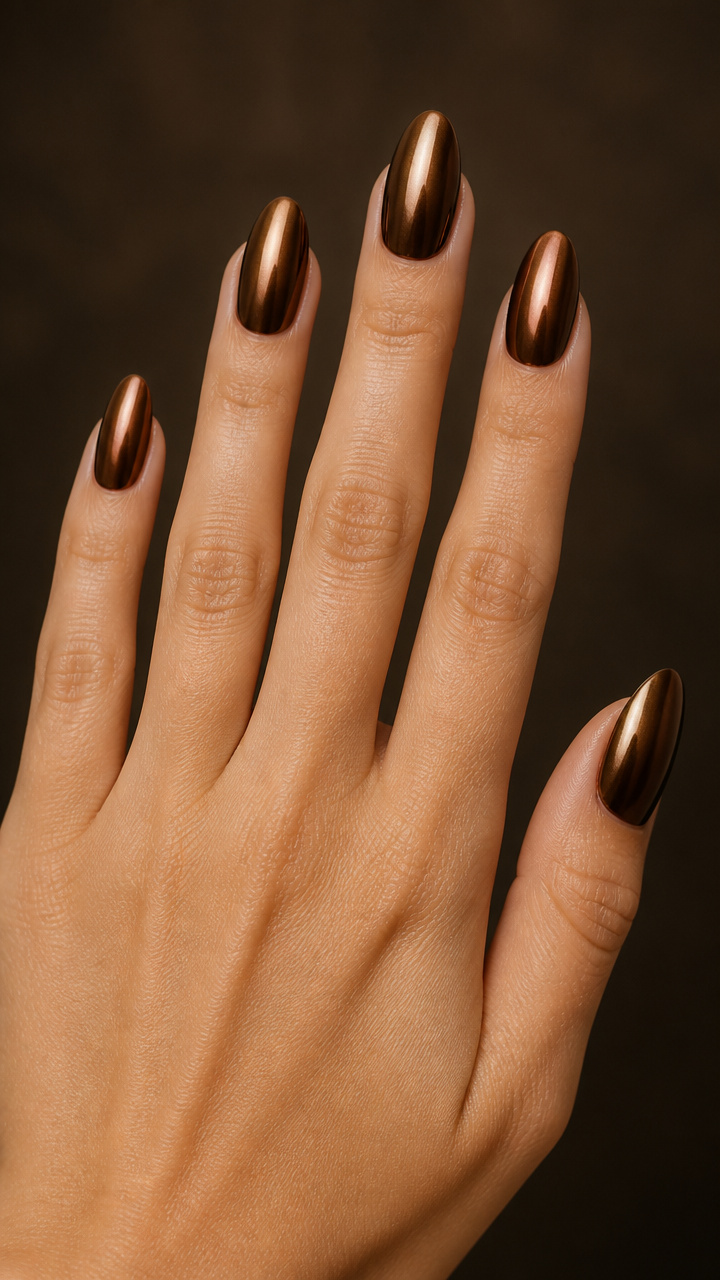 Walnut Brown Chrome on Almond Nails