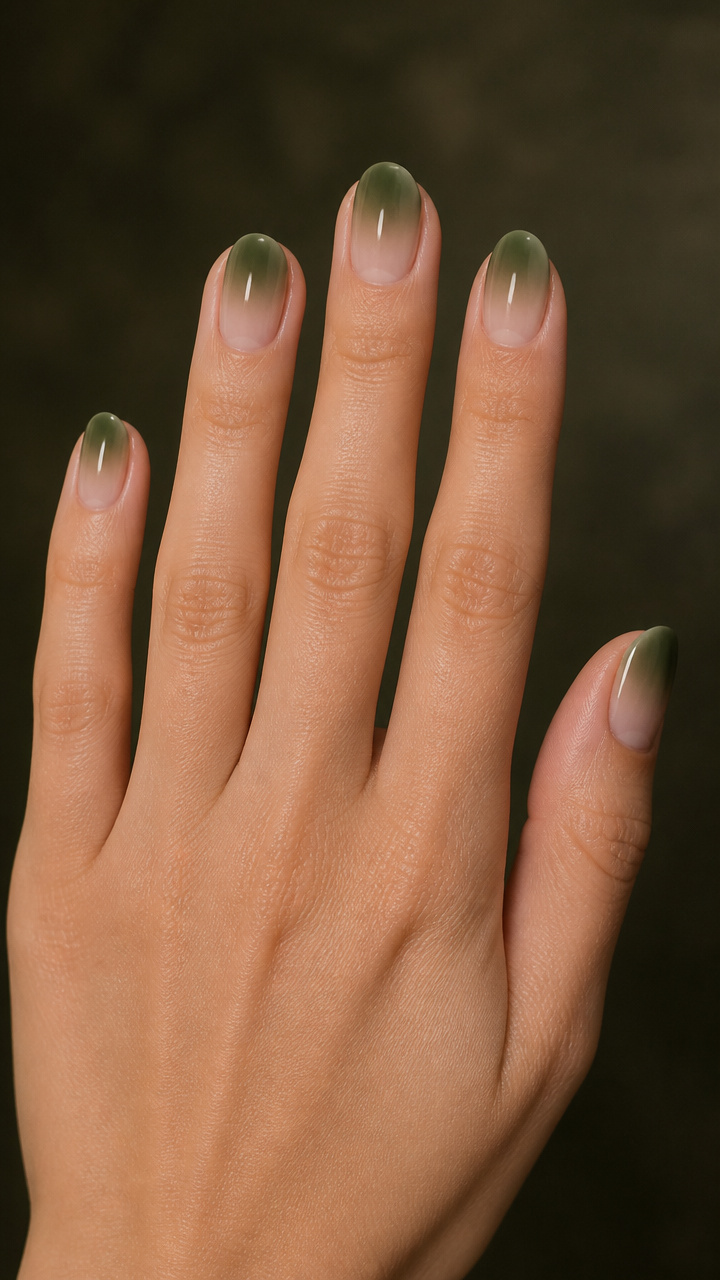 Moss Green Gradient on Short Oval Nails