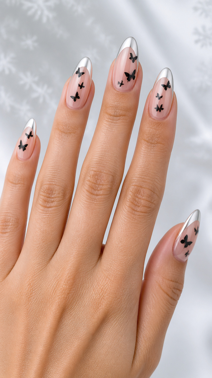 White Chrome Tips with Floating Butterfly Silhouettes