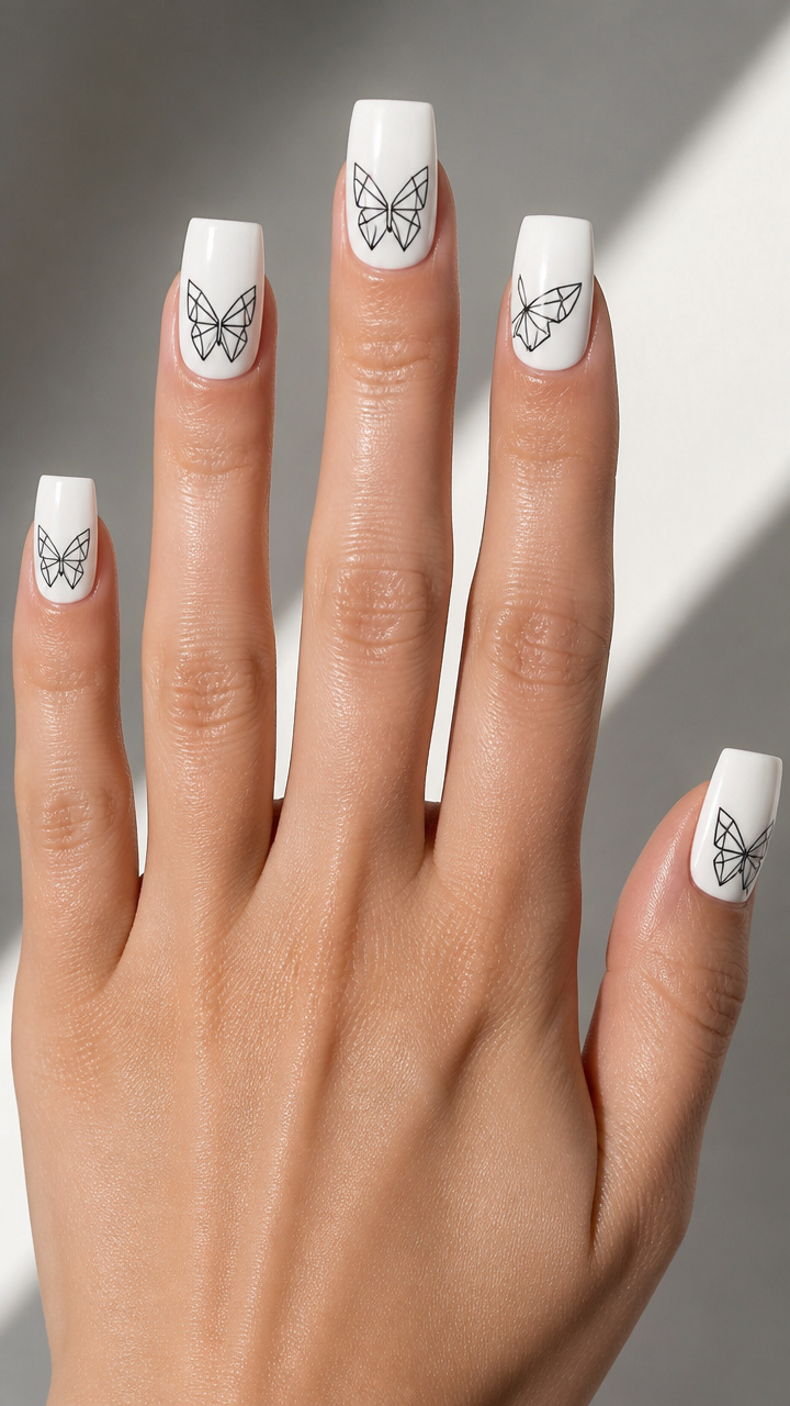 Square Nails with Geometric Butterfly Linework