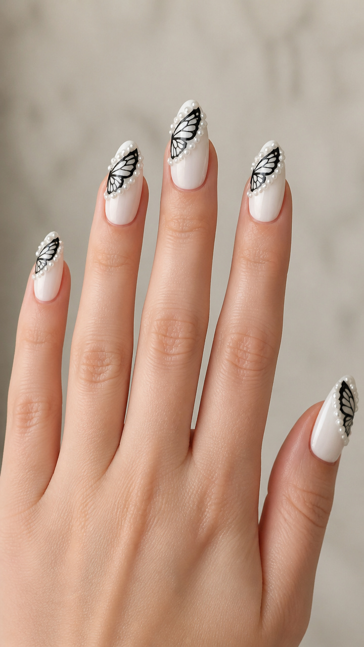 Almond Nails with Pearl-Tipped Wings