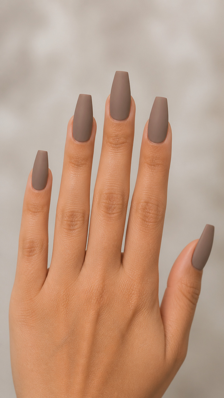Warm Taupe Coffin Nails with Matte Topcoat