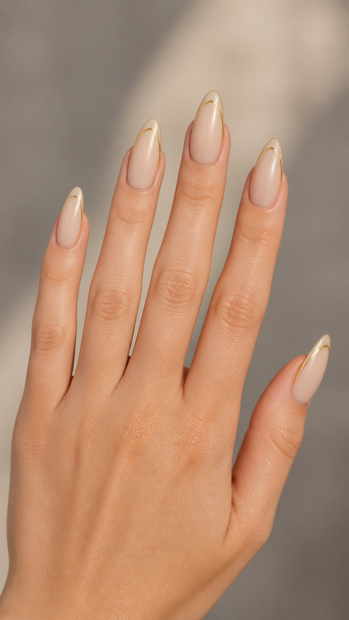 Beige Almond Tips with Delicate Gold Liner