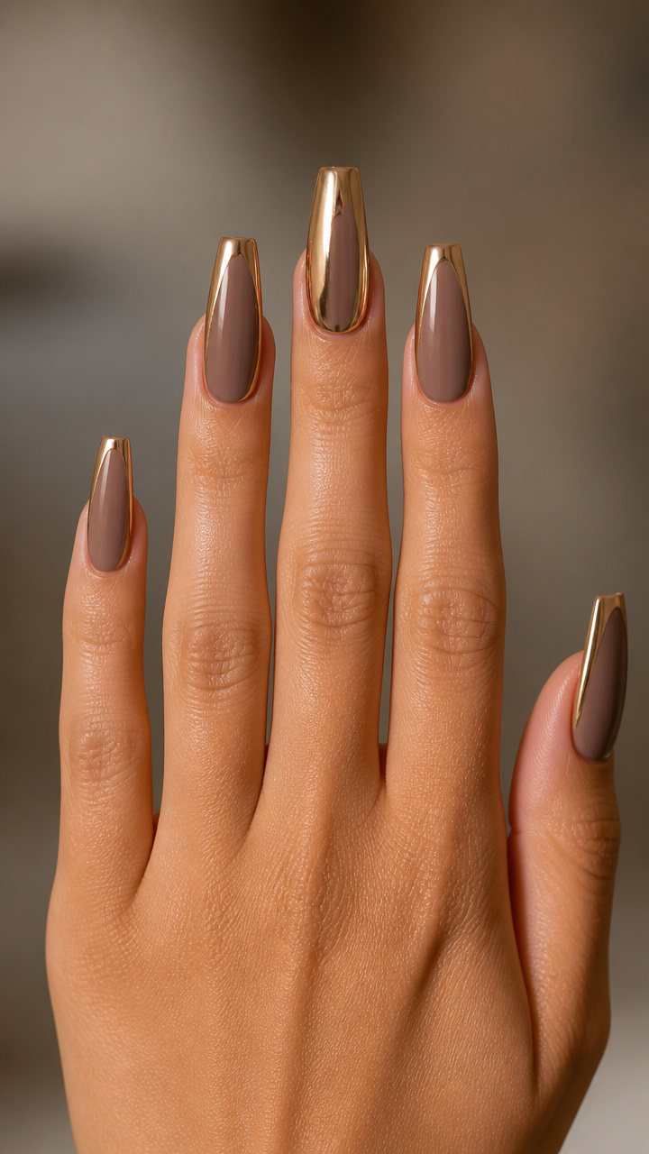 Warm Taupe Coffin Nails with Gold Chrome Accents