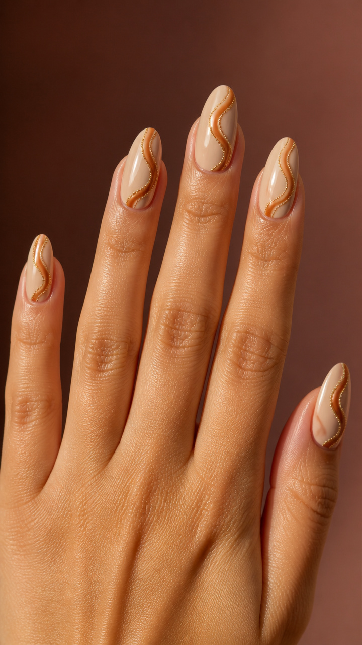 Caramel Swirls on Sand Beige with Gold Microbeads