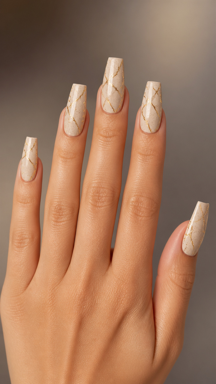 Oatmeal Coffin Nails with Gold Crackled Effect