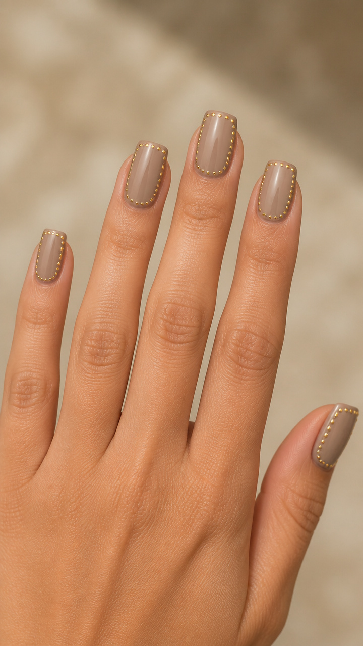 Warm Greige Square Nails with Gold Dot Border