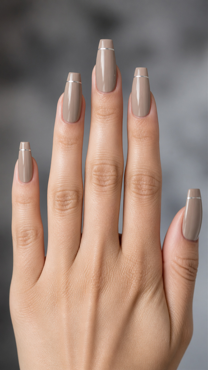 Taupe Coffin Nails with Minimalist Silver Line