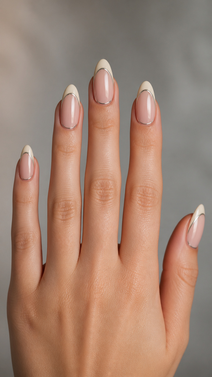 Nude French Tips with Chrome Accent Edge