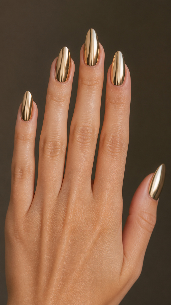 Champagne Gold Chrome Almond Nails