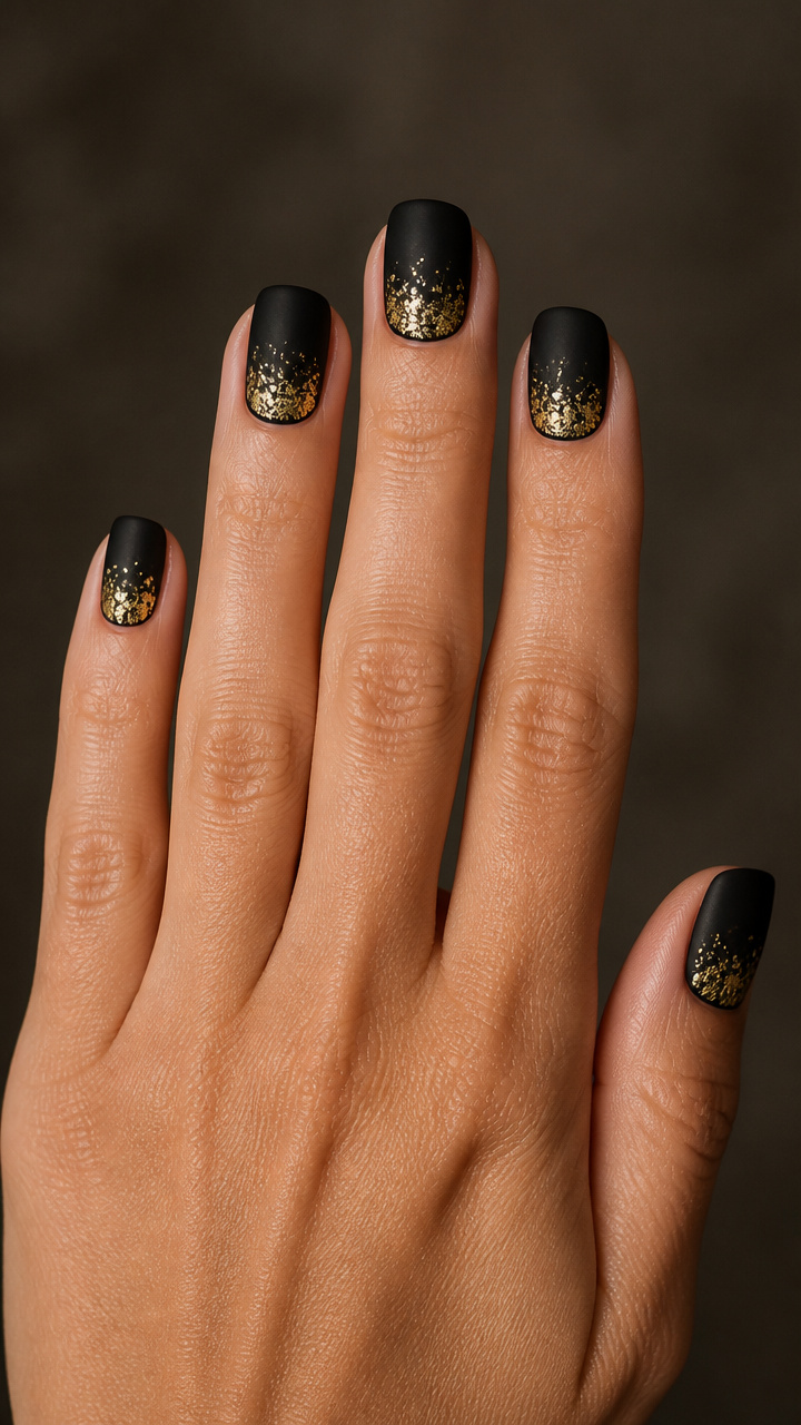 Black Velvet Matte Nails with Gold Foil Flecks