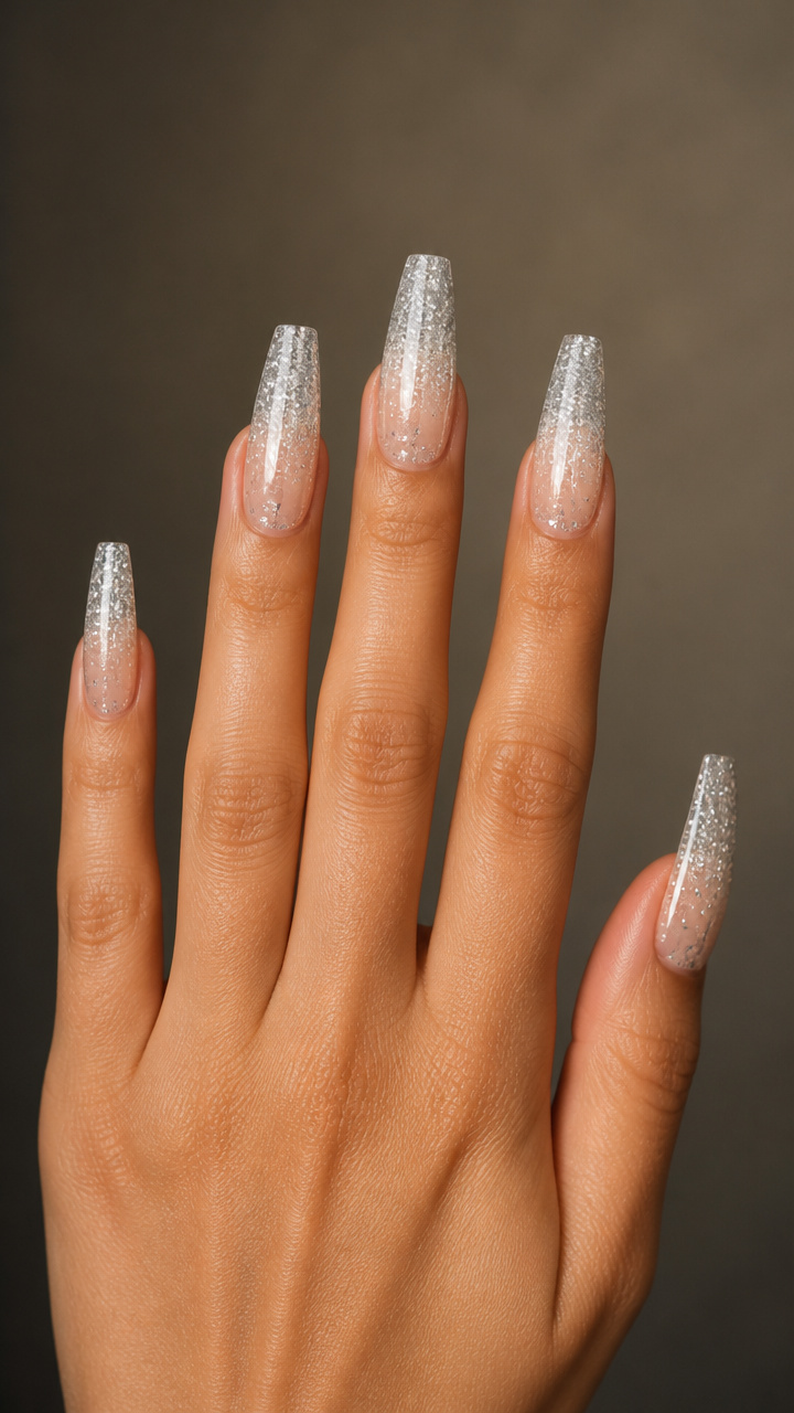 Silver Glitter Ombré Coffin Nails