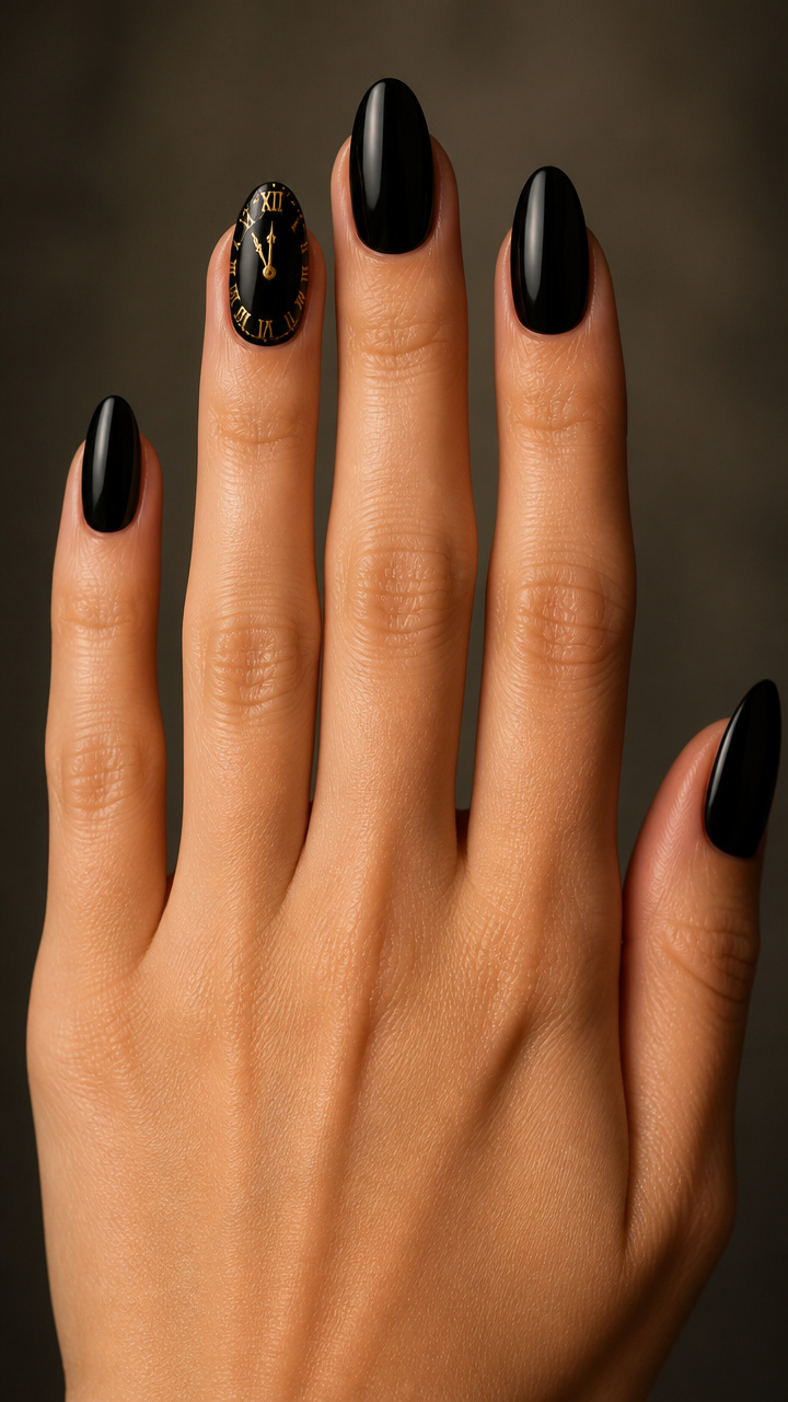 Midnight Clock Accent Nails in Black and Gold