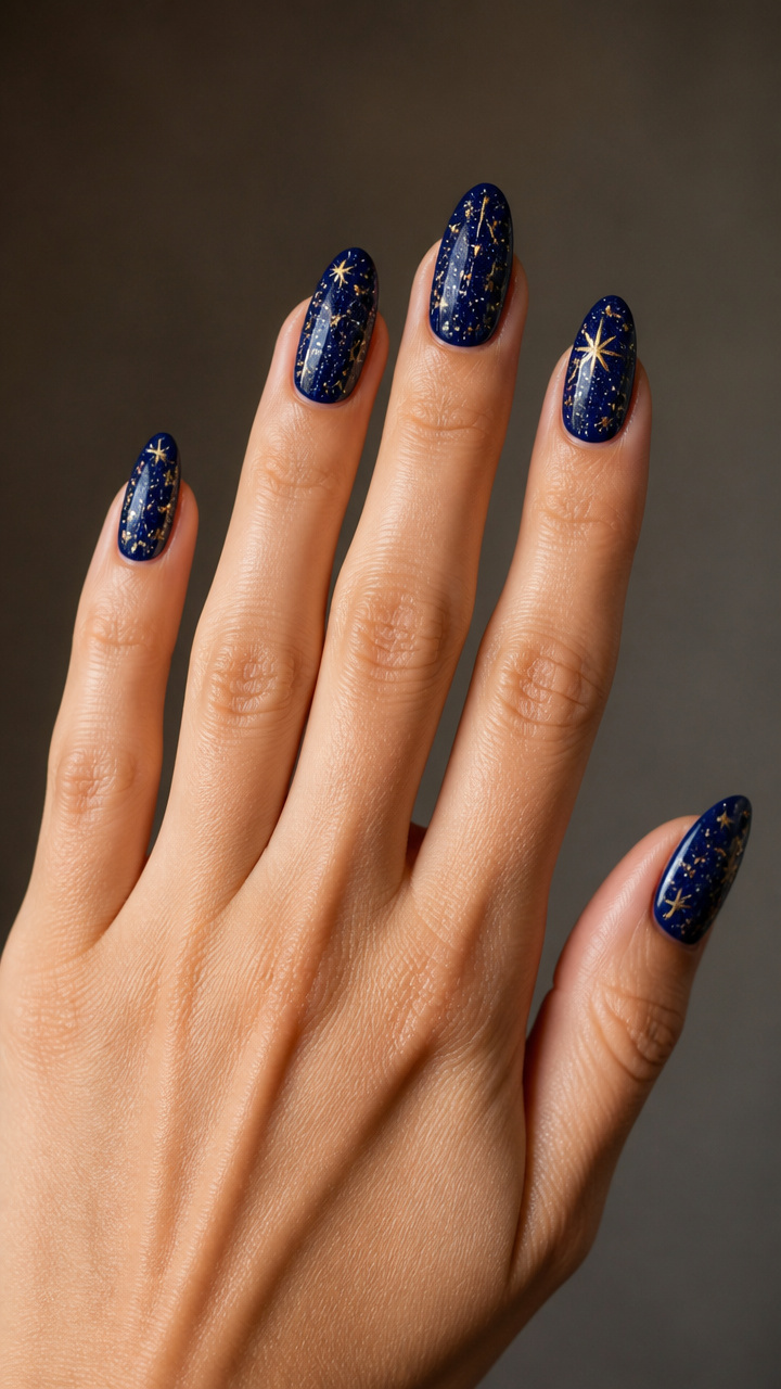 Navy Starry Sky Nails with Gold Star Accents