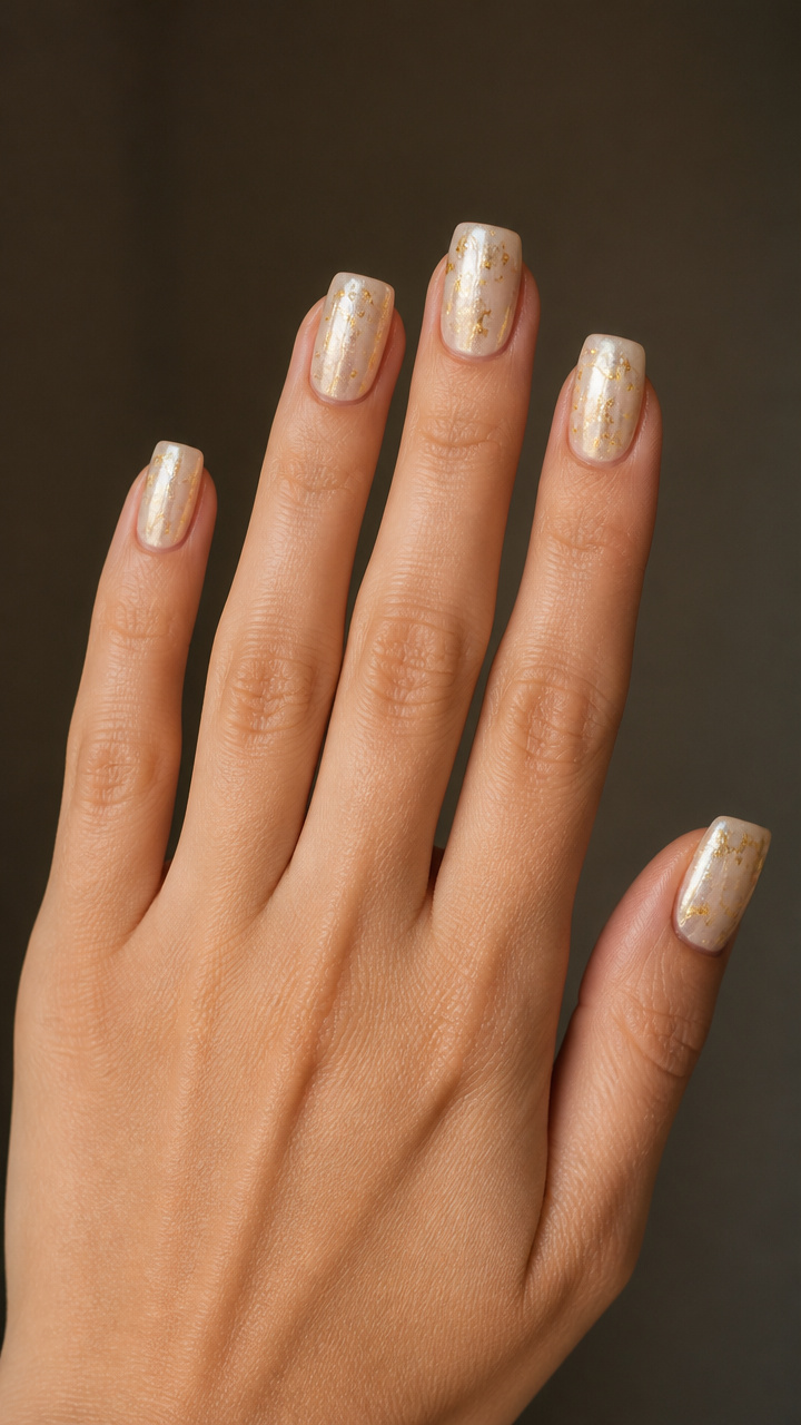 Ivory Pearl and Gold Leaf Squoval Nails