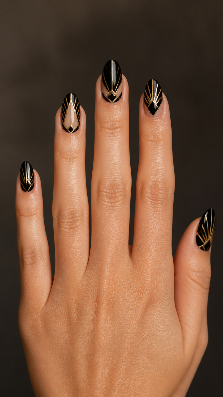 Black and Gold Art Deco Line Nails