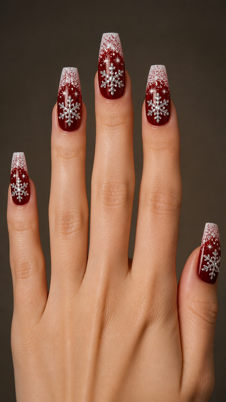 Crimson Red Coffin with Rhinestone Snowflakes