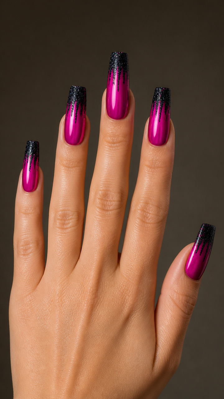 Hot Pink Chrome with Black Glitter Gradients