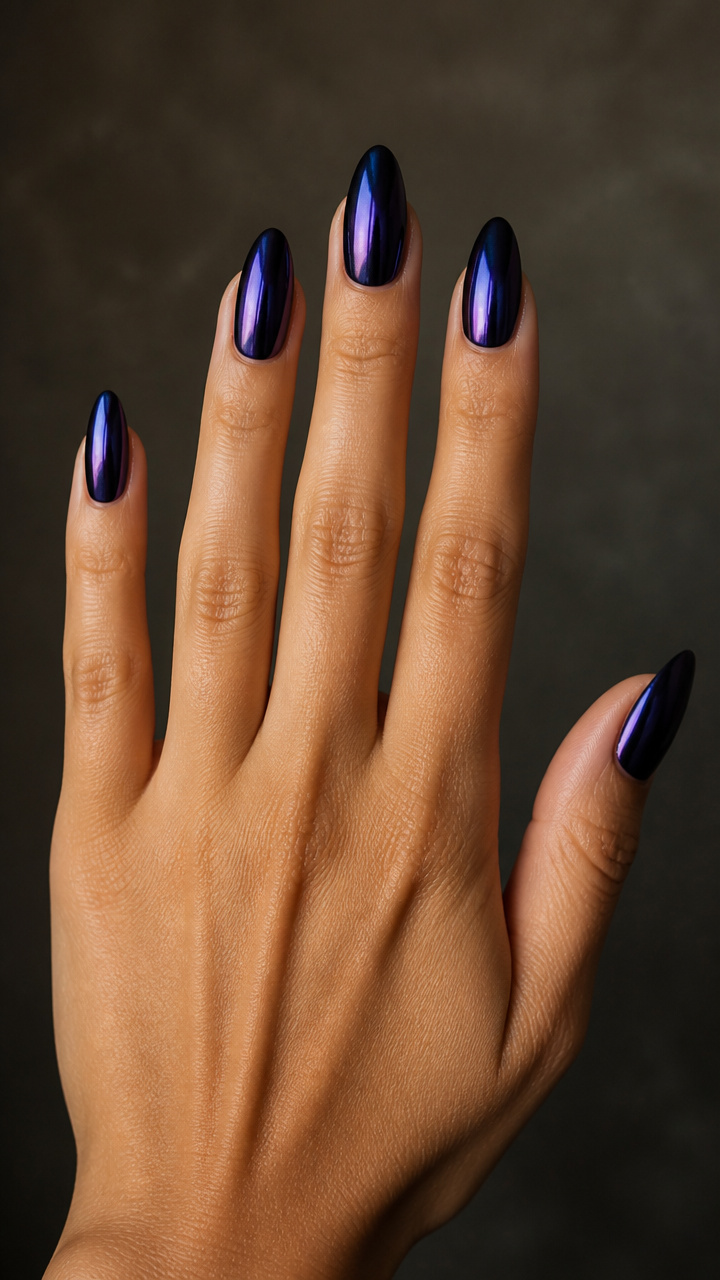 Midnight Chrome Almond Tips