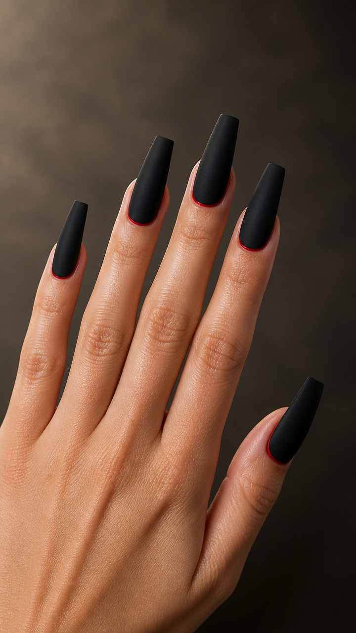 Black Velvet Coffin Nails with Red Liner