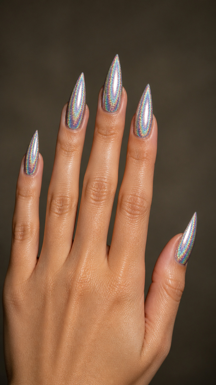 Silver Holographic Stiletto Nails
