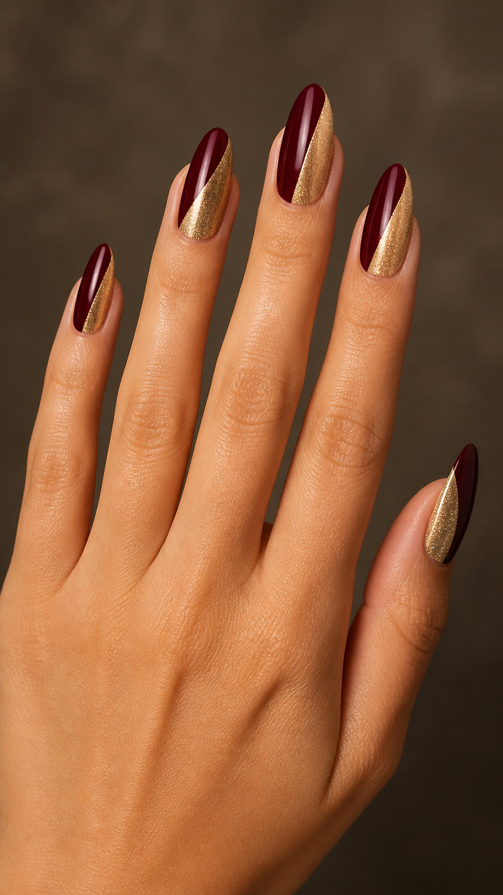 Two-Tone Burgundy and Gold Dip Nails