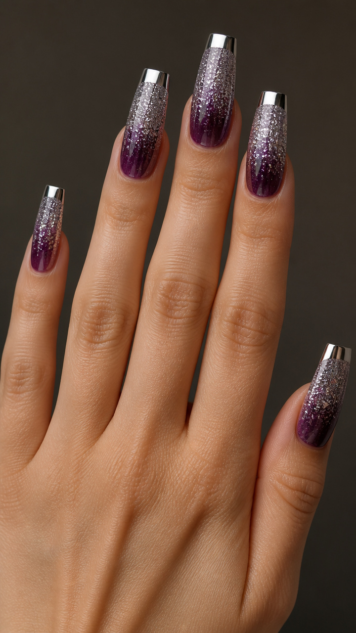 Glitter Gradient Coffin Nails with Chrome Accents