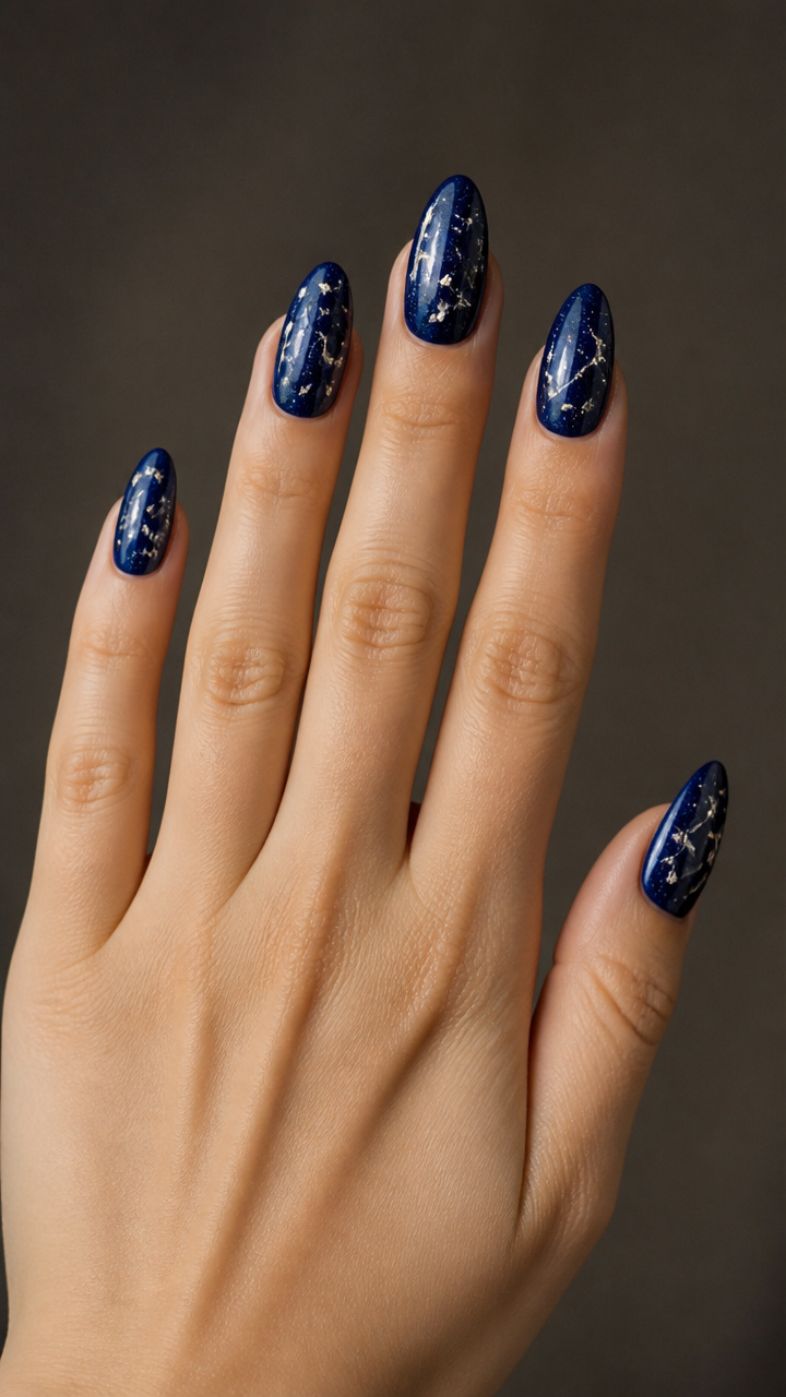 Midnight Blue Almond Nails with Starry Rhinestones