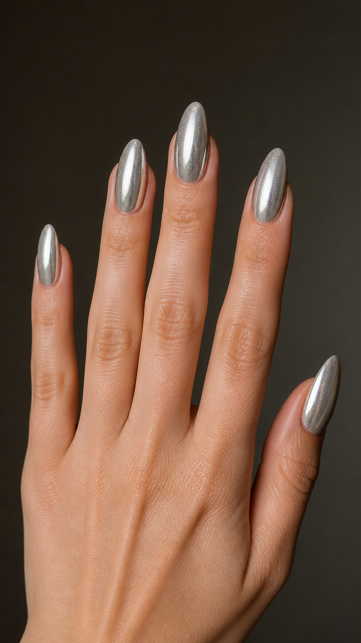 Frosted Silver Chrome Almond Nails
