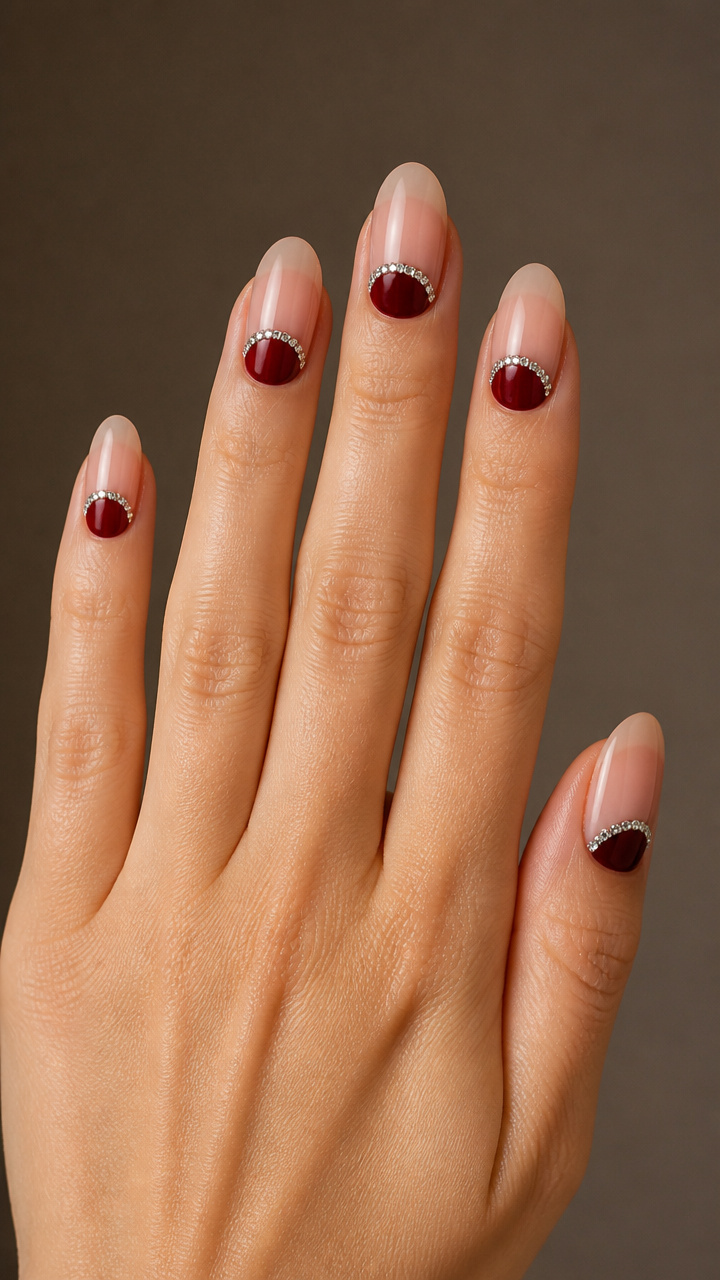 Ruby Red Half-Moon Design with Rhinestone Rim