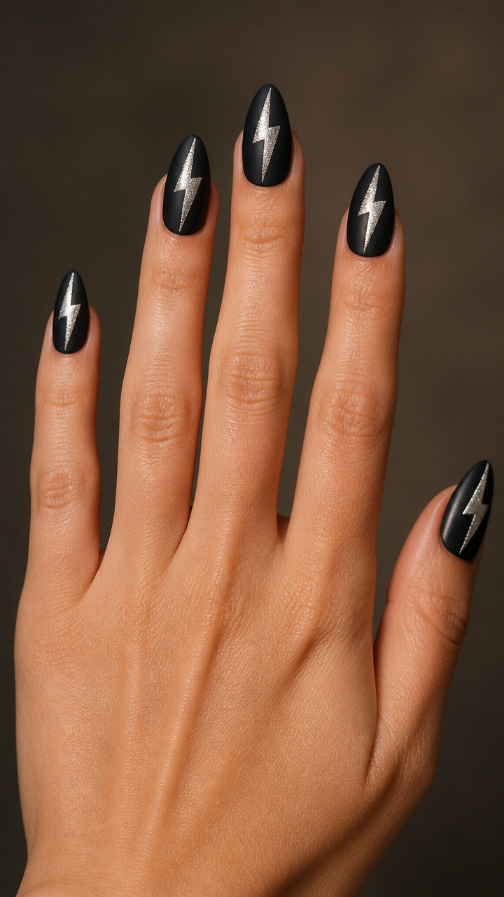 Silver Lightning Bolt Art on Matte Black