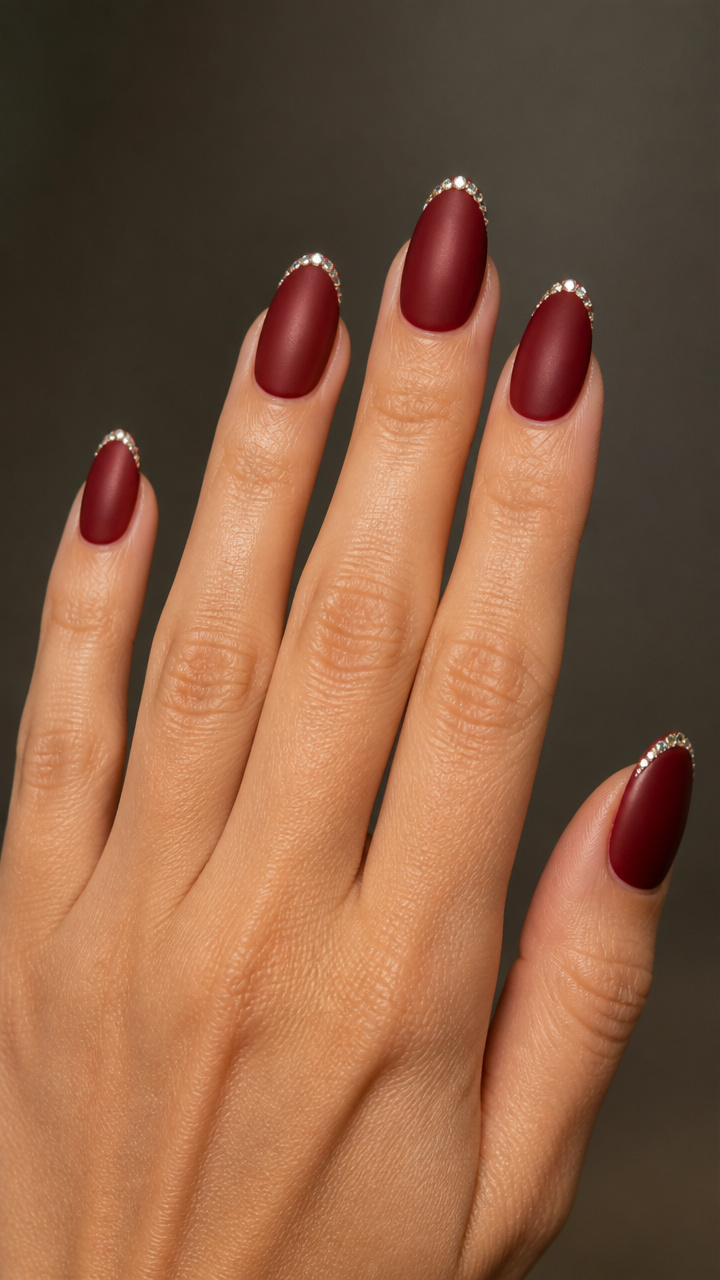 Deep Burgundy Matte with Tiny Rhinestone Border