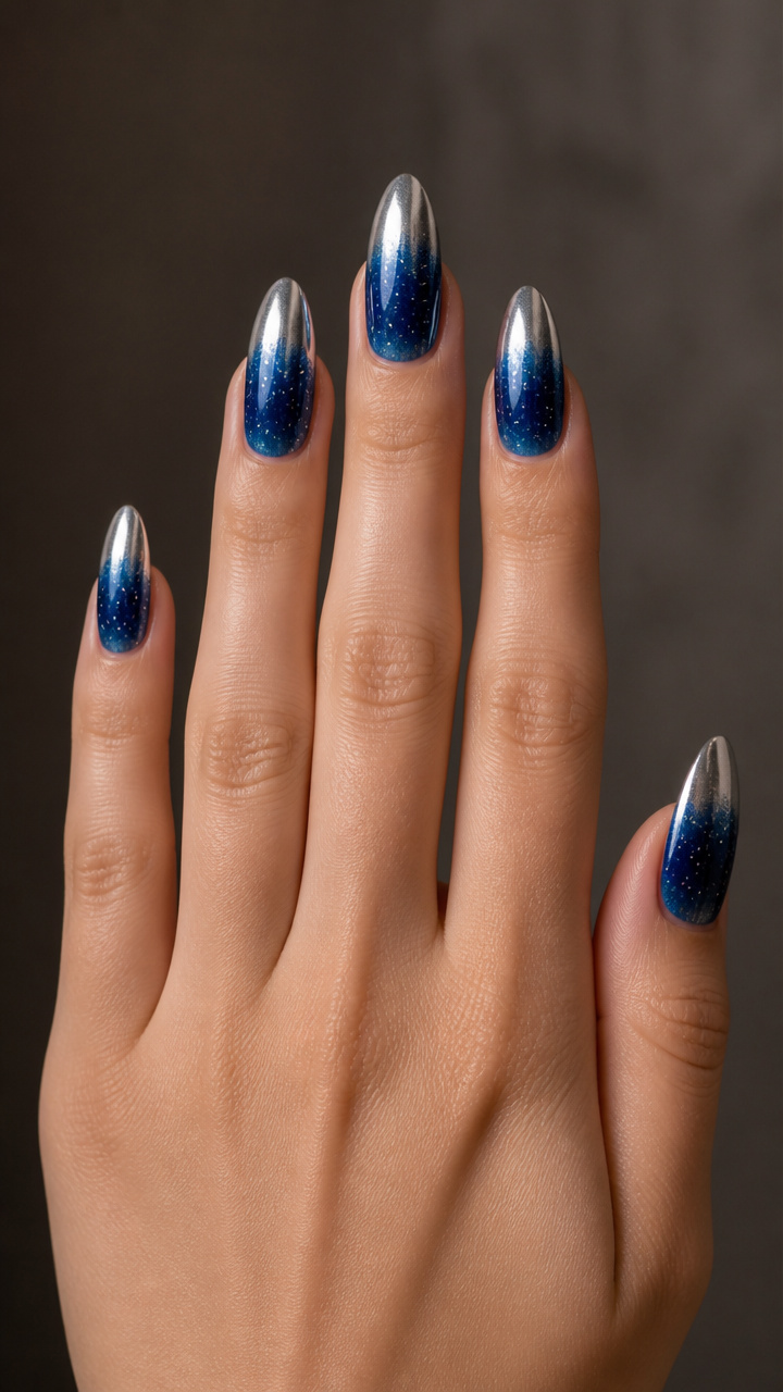 Midnight Blue Ombré with Chrome Tips