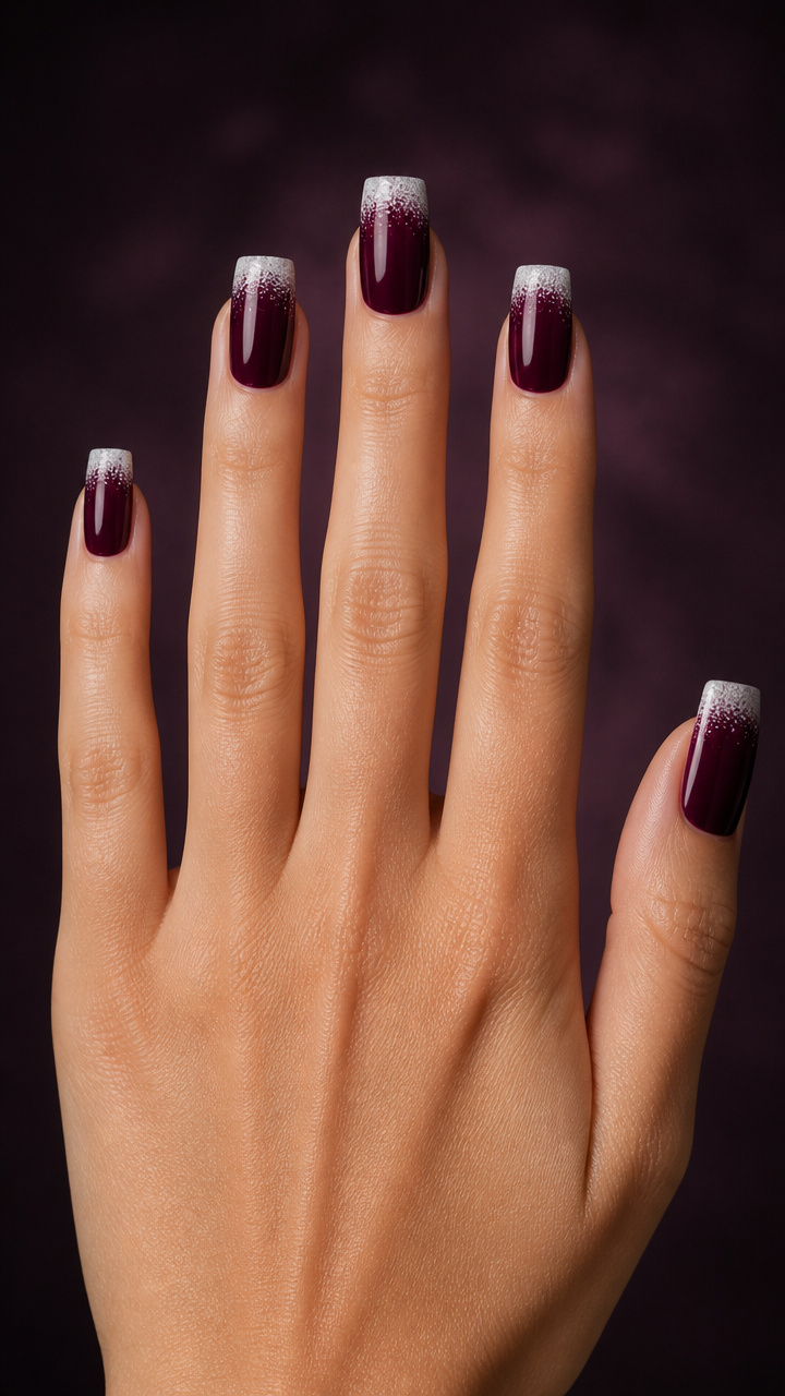Deep Plum Square Nails with Frosted Tips