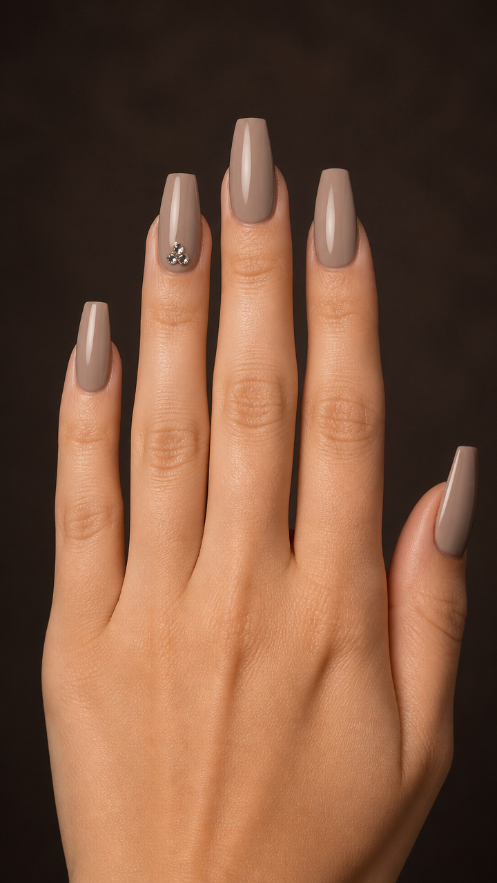 Taupe Coffin Nails with Single Rhinestone Cluster