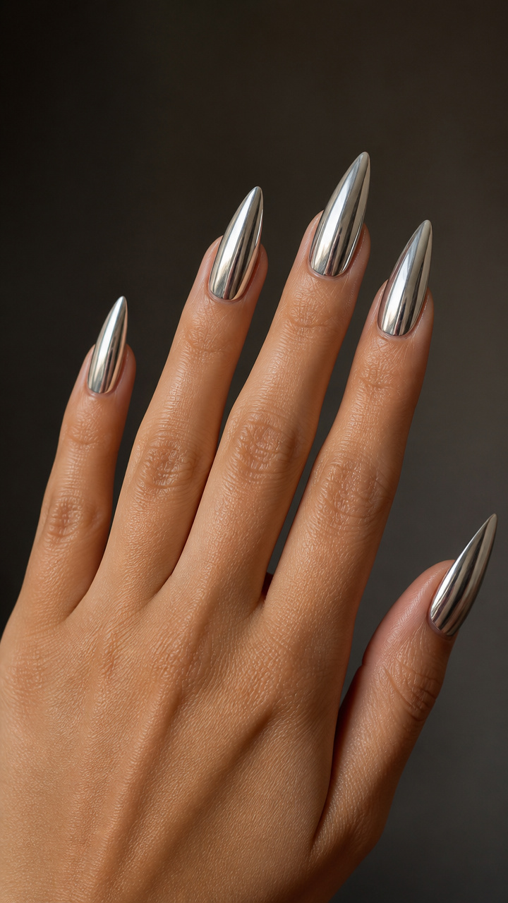 Chrome Silver Stiletto Manicure