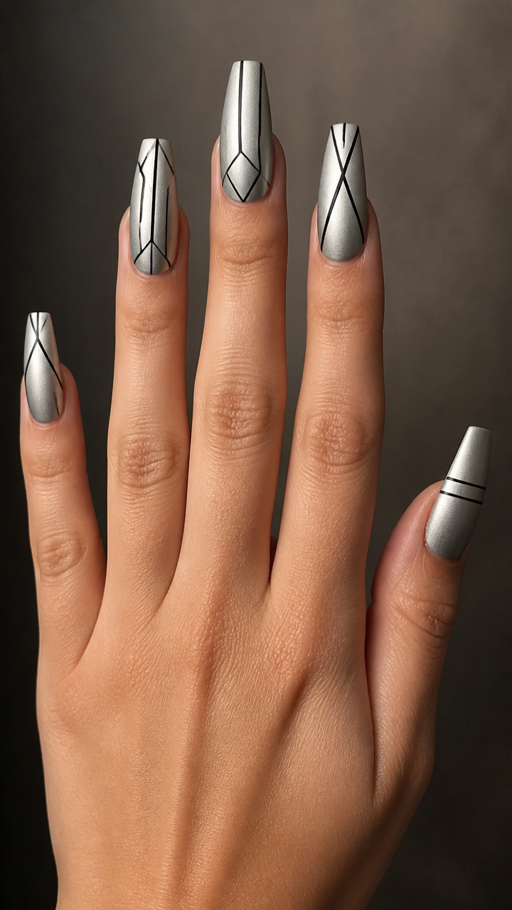 Matte Silver Coffin Nails with Geometric Line Art