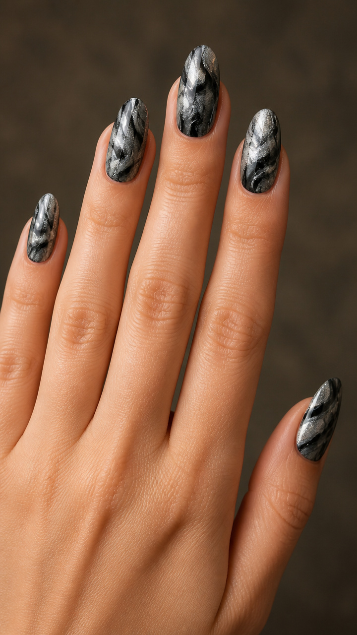 Silver and Black Abstract Marble Nails