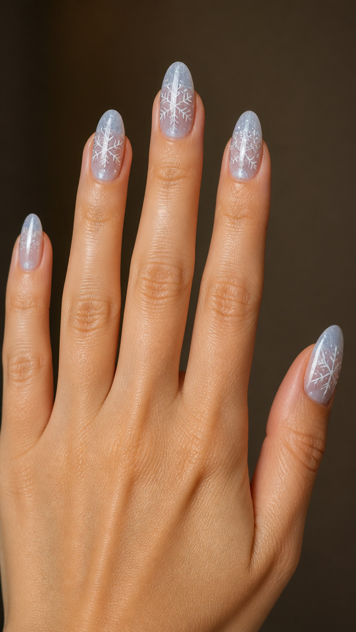 Silver Snowflake Nail Art on Icy Base