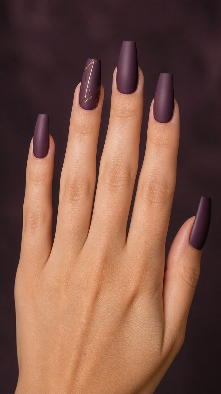 Deep Plum Matte Coffin with Minimalist Line Art