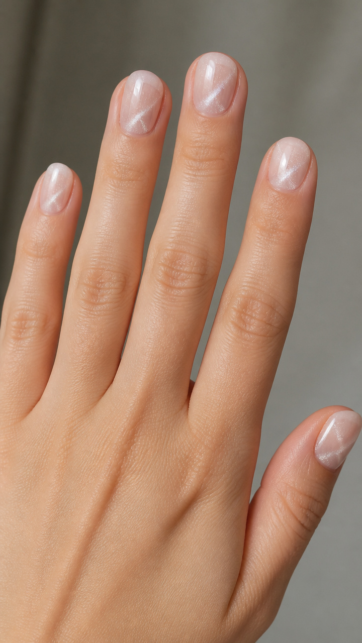 Sheer White Cat Eye Over Natural Nails