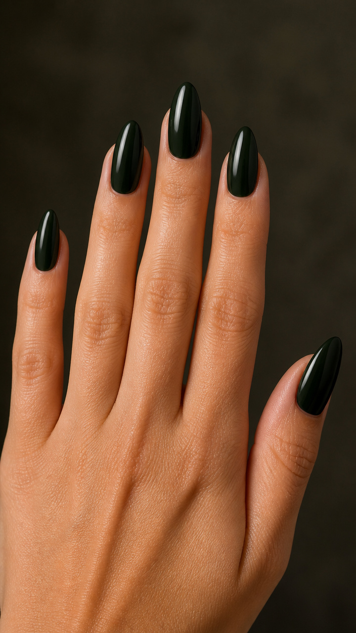 Blackened Forest Green Almond Nails