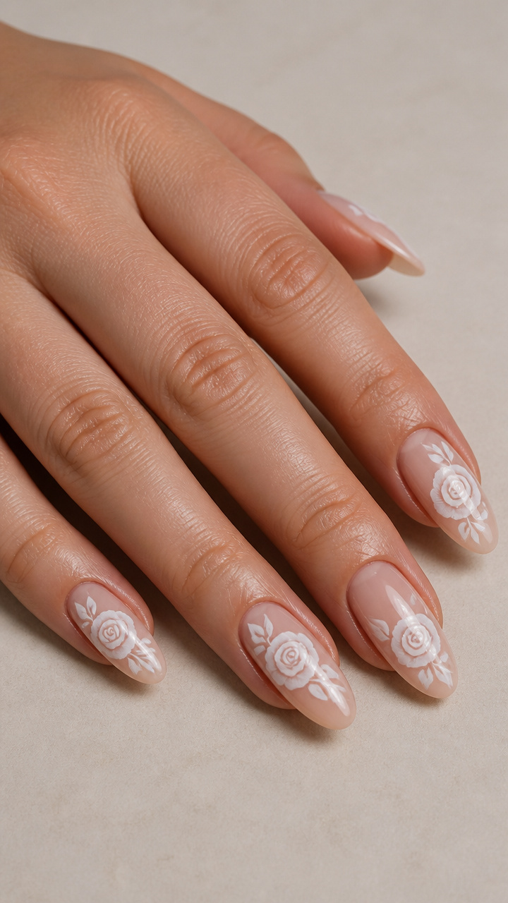 Classic White Rose on Almond Nails