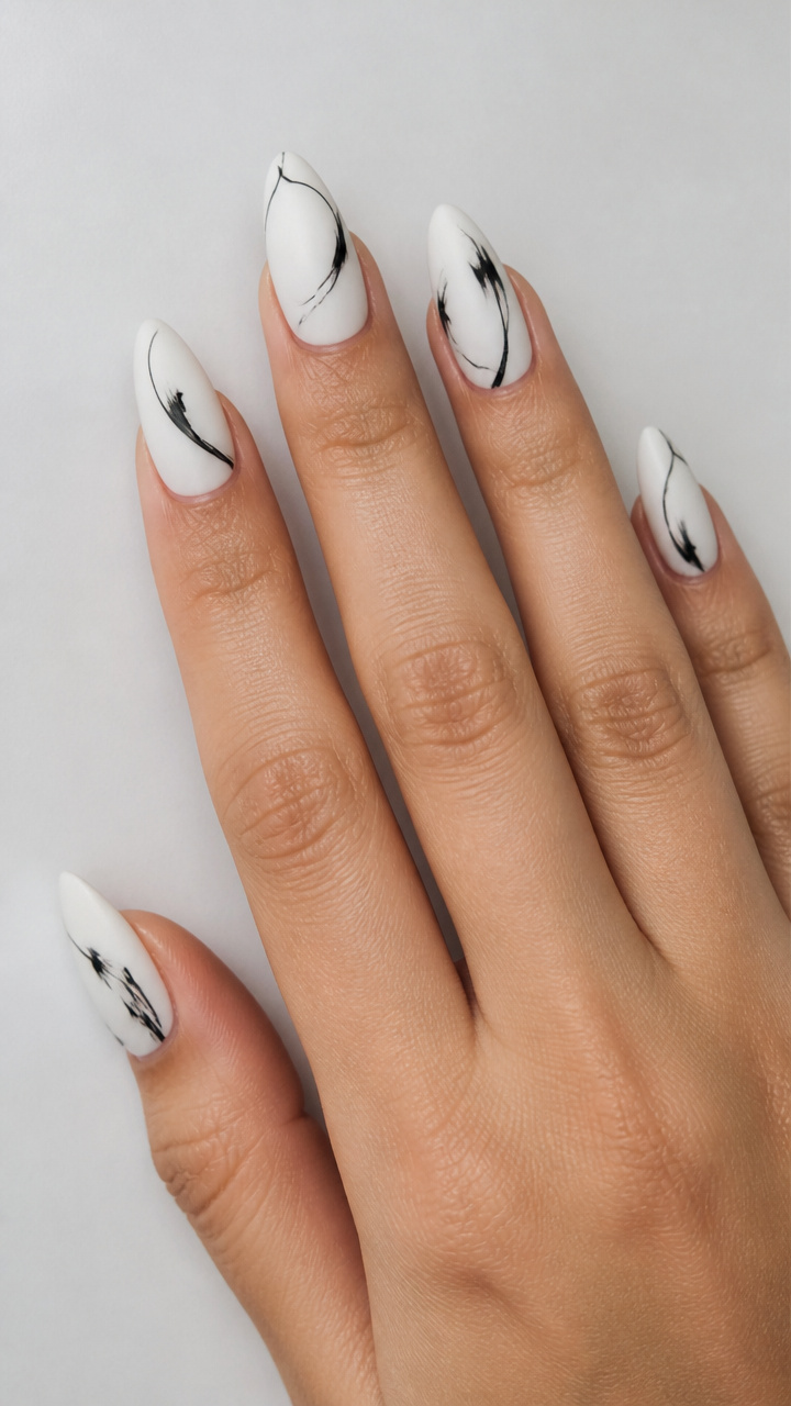 Matte White Almond with Abstract Black Lines