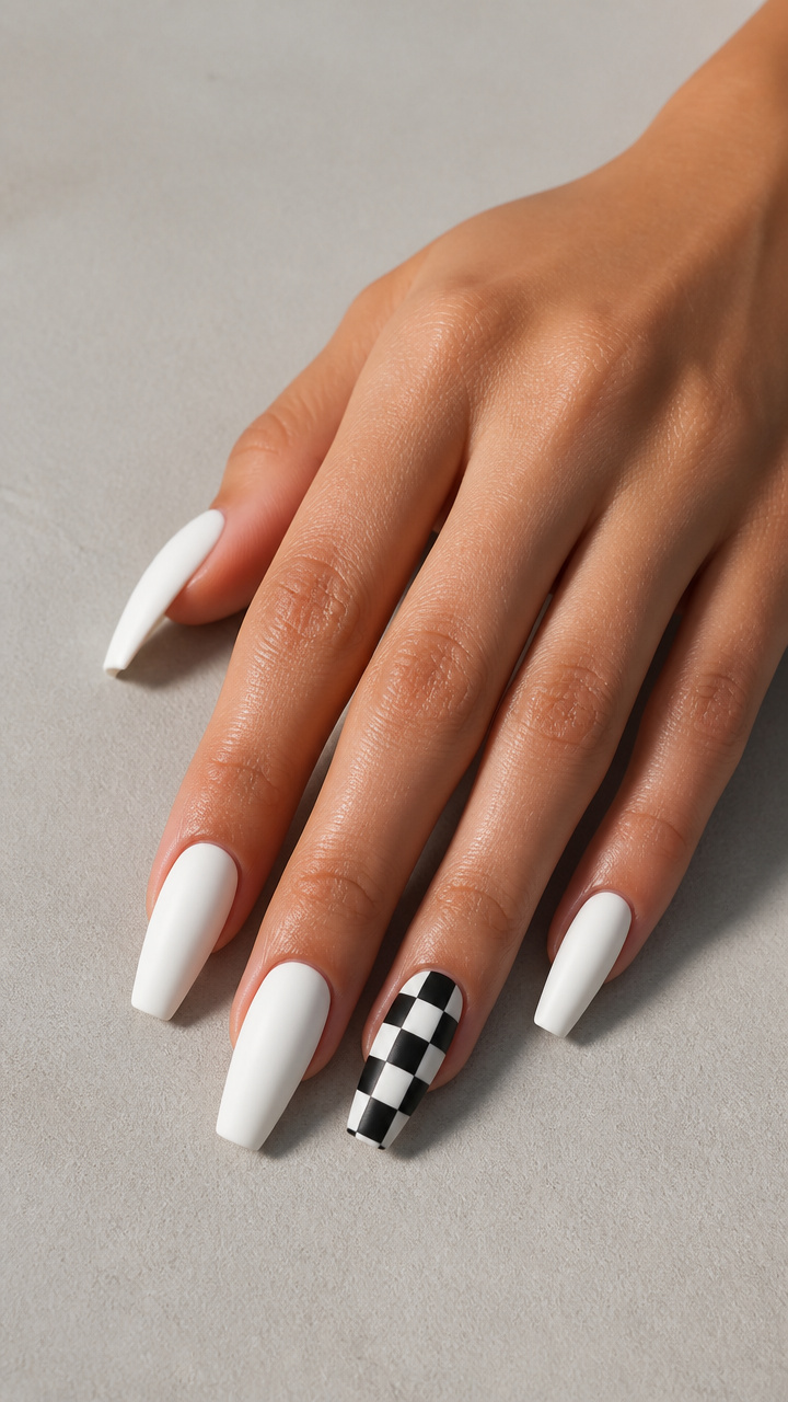 Matte White Ballerina with Checkered Pattern Accents